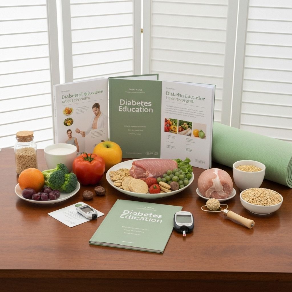 Diabetes education books and healthy food setup